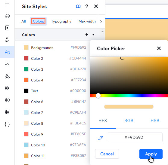 A color is being changed in the panel. A new shade has been selected, and the cursor is clicking the Apply button.