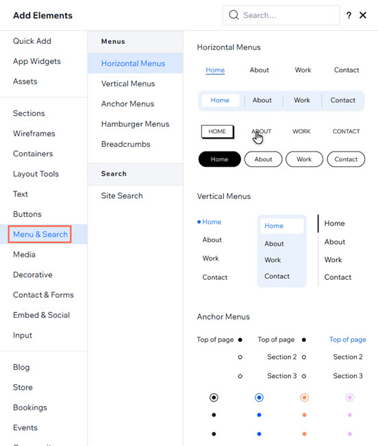 The add elements panel is open. The cursor is adding a horizontal menu to the site.