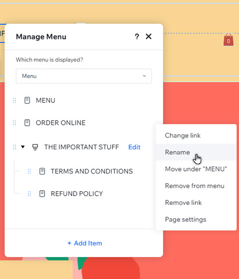 The manage menu panel is open. The cursor is clicking to rename an item.