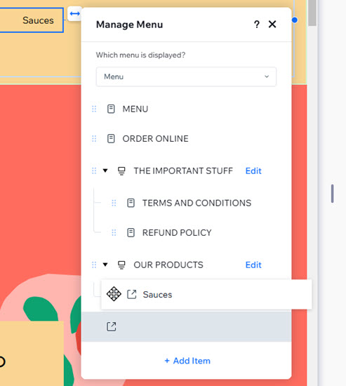 A dropdown has been created in the manage menu panel. A menu item is being dragged under it.