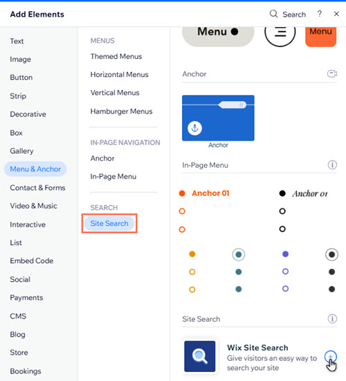 Add Elements in the Wix Editor. Site Search is highlighted, and the cursor is clicking to add it to the site.