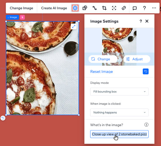 An image settings panel in Studio Editor. The cursor is clicking the alt text field, which has been filled.