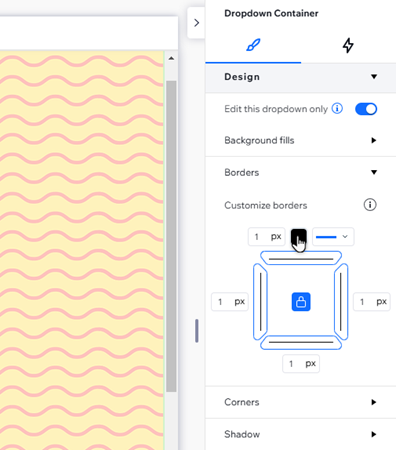 The inspector panel for the dropdown container. The cursor is changing the border color.