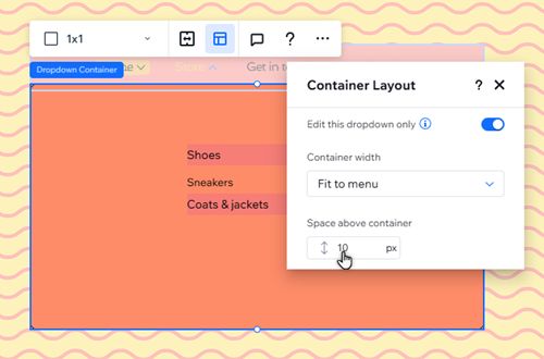 The container layout panel. The cursor is changing the space above container.