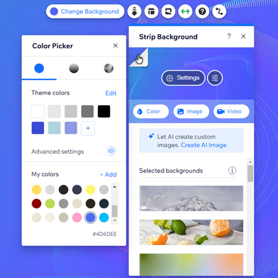 The color picker is open for the background settings of a strip in the Wix Editor.