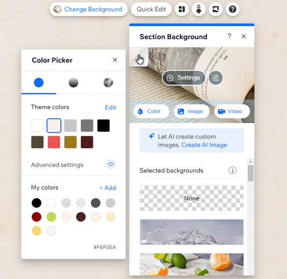 The color picker is open for the background settings of a section in the Wix Editor.