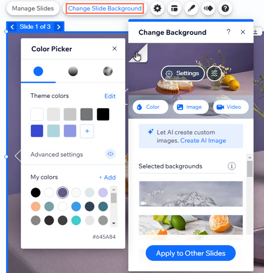 The color picker is open for the background settings of a slide in the Wix Editor.