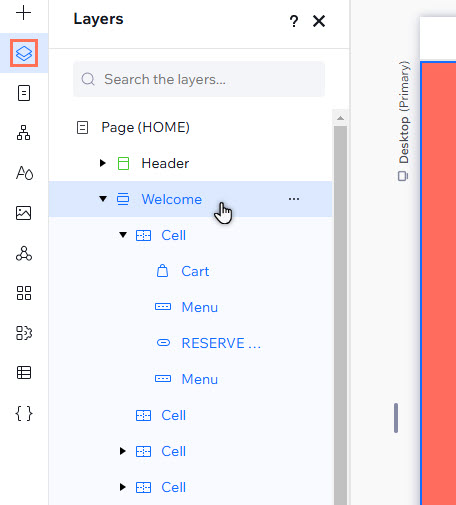 The layers panel in the editor. The welcome section has been selected.