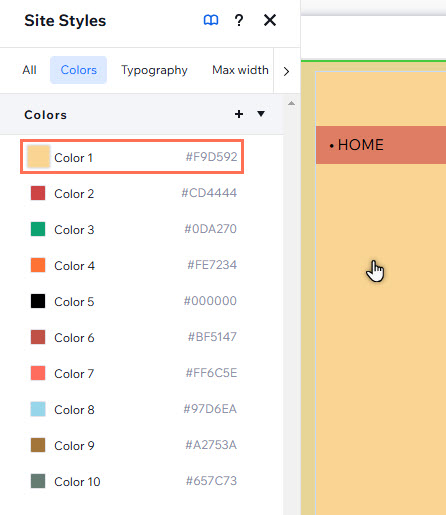 The colors tab of the site styles panel. Color 1 is magnified, showing it is the same shade as the header background.