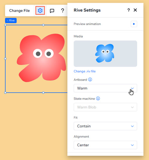 The Settings panel of a Rive file in the Studio Editor. The cursor is clicking the Artboard drop-down.