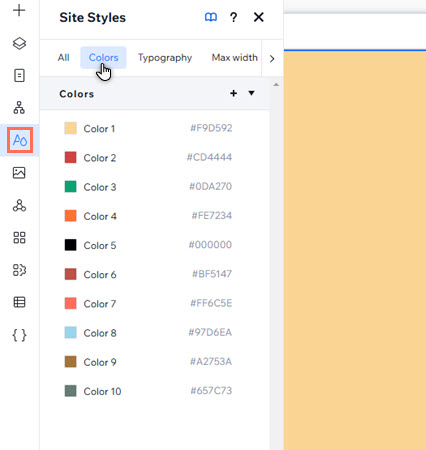 The colors tab in the Site styles panel of a Studio Editor site, displaying 10 colors.