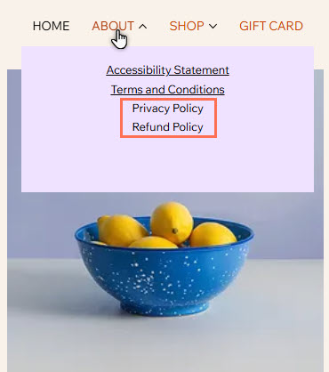 A dropdown on a live site. Under the terms and conditions item, the privacy and refund policy are highlighted,