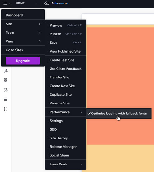 The cursor is hovering over the fallback fonts settings under performance. The setting is enabled.