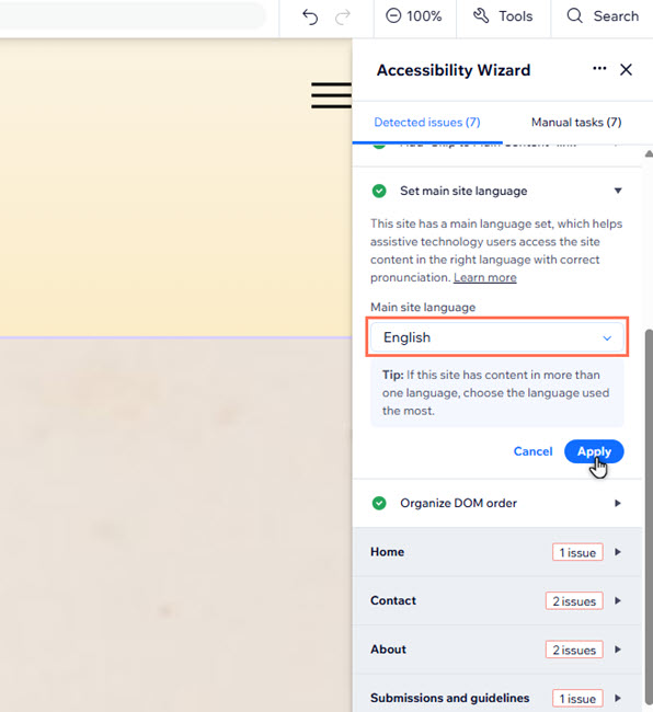 A configuração de idioma do site de um site com um único idioma no assistente no Editor Wix. O inglês está selecionado.