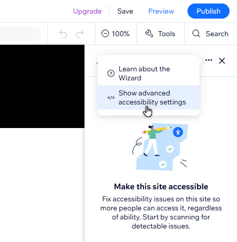 L'opzione per mostrare le impostazioni avanzate è stata selezionata nel Wizard su un sito dell'Editor Wix