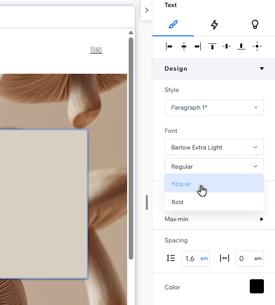 La sección de fuente del diseño de un texto en el inspector. El cursor hace clic en Normal en el menú desplegable.