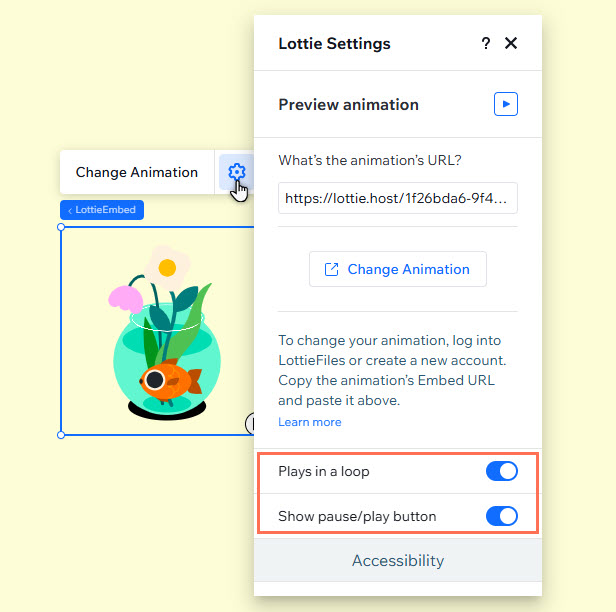 El panel de ajustes de un elemento de animación de Lottie. Las dos palancas están resaltadas.
