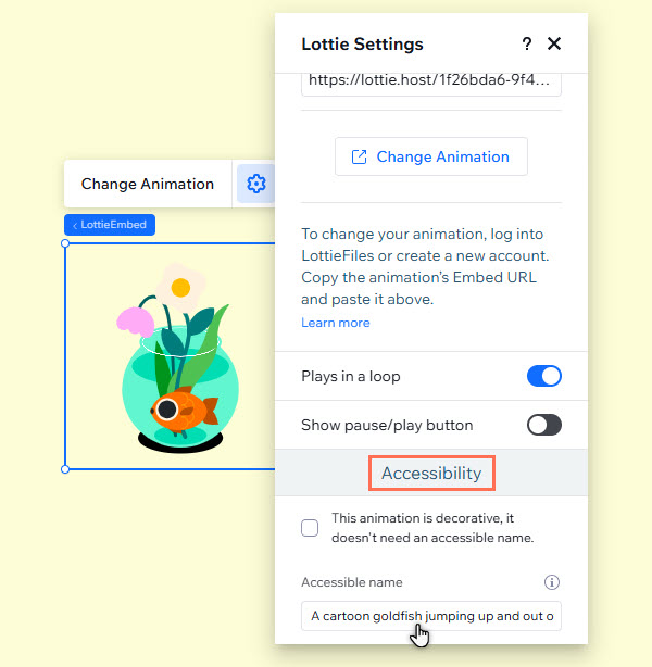 El panel de ajustes de una animación de Lottie. El cursor hace clic en el campo de nombre accesible.