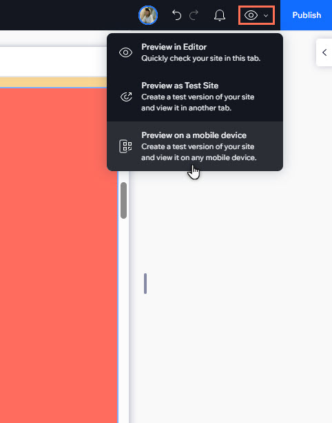 Een bijgesneden weergave van de Studio Editor. De cursor klikt op 'Voorbeeld op mobiel apparaat'.