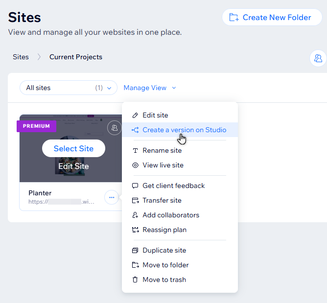 A premium editor site has been selected in a Wix account. The cursor is clicking 'Create a version on Studio'.