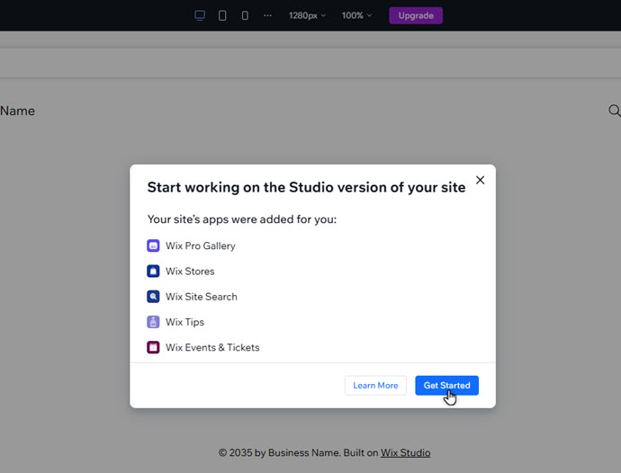 The modal that is displayed when the studio branch has been created. It lists the apps that have been added to the site.