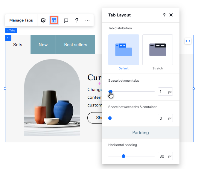 O painel Layout das abas. O cursor está passando sobre o espaço entre as abas.