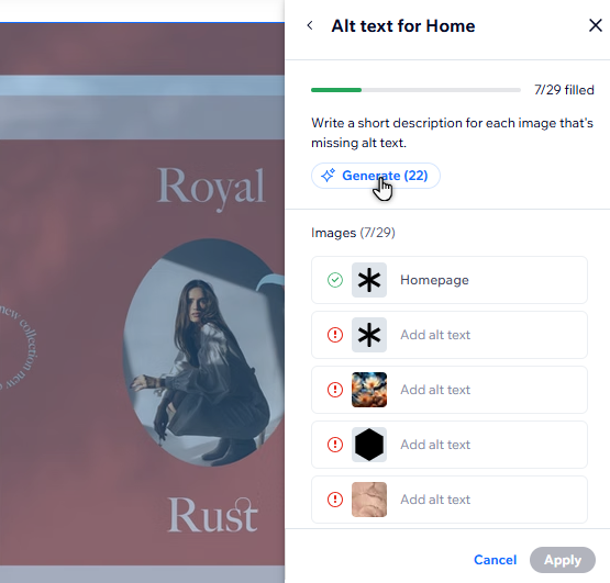 O cursor está passando sobre o botão Gerar para alt text.