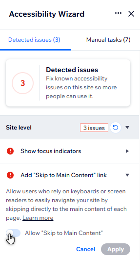 The cursor is clicking the toggle to enable skip to main content in the wizard.