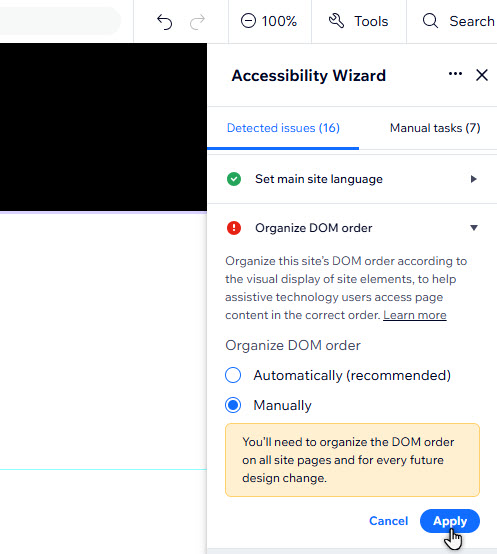 Le impostazioni DOM nella procedura del Wizard. È stato selezionato Manualmente e il mouse sta cliccando su Applica
