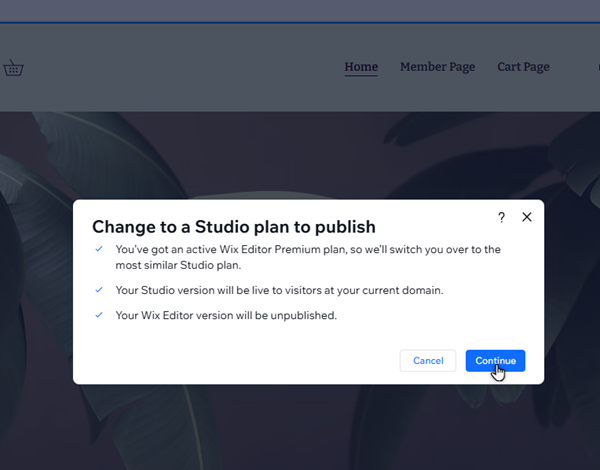 The modal for upgrading to a Studio plan to publish the studio branch is displayed.