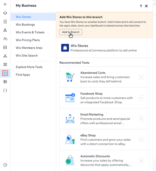 The My Business panel is open in the Studio Editor. The cursor is clicking Add to Branch.