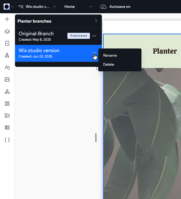 The branch picker in the Studio editor. The cursor has clicked the more actions icon, showing the options.