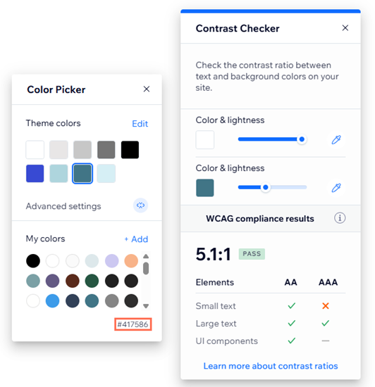 Er is een nieuwe kleur geselecteerd in de kiezer en het contrast is geslaagd. De kleurcode is gemarkeerd.