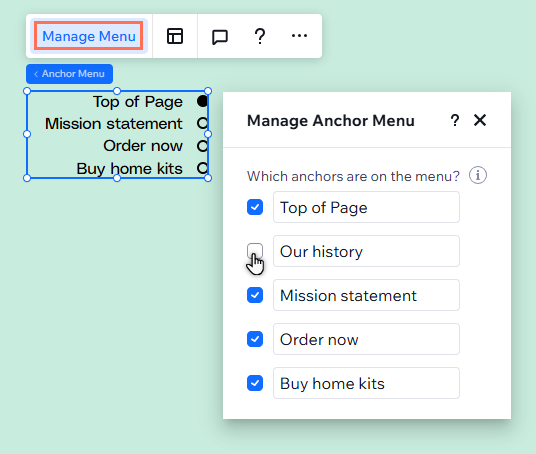 O painel Gerenciar menu âncora está aberto. O cursor clicou em uma âncora para desmarcá-la.