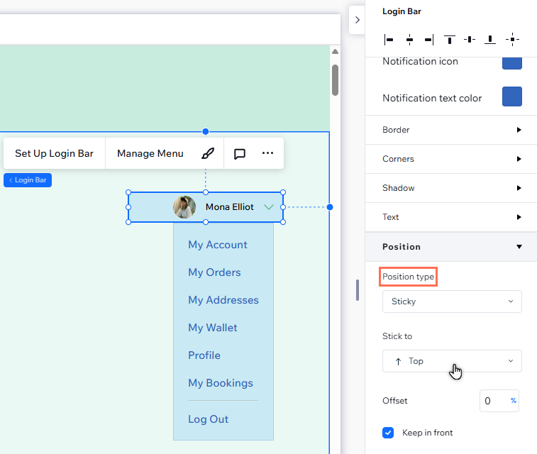 El menú desplegable de posición en el panel Inspector profesional. Se ha seleccionado Adhesivo y el cursor hace clic en el menú desplegable