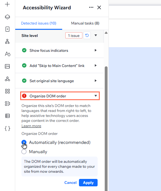 The Organize DOM order drop-down is open in the Wizard. The cursor is clicking 'Automatically'.
