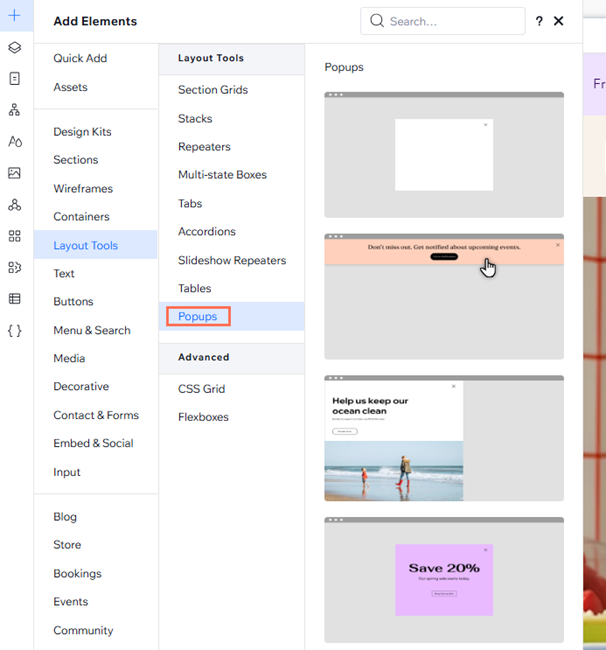 The popups tab has been opened in the add elements panel. The cursor is selecting a popup.
