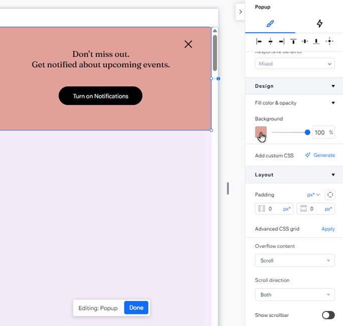 The inspector panel is open for a popup. The cursor is clicking the background color box.