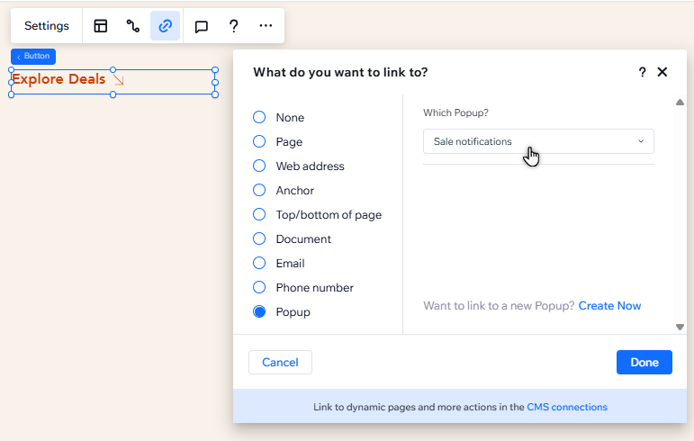 The link panel is open for a button. The sales notifications popup has been selected as the link destination.
