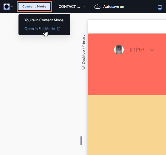 Captura de pantalla recortada del Editor de Wix Studio en el Modo contenido. Se hace clic en el botón de Modo de contenido y se muestra