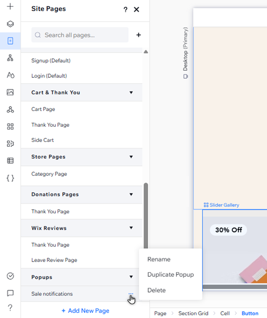 The cursor has clicked a popup in the site pages panel, displaying the options to manage it.
