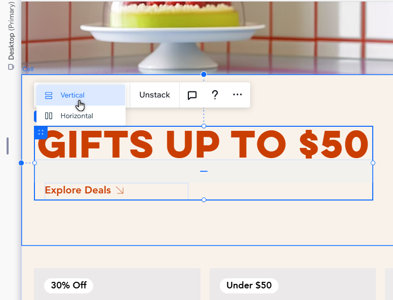 Il menu a tendina dell'orientamento è aperto su una pila. Il mouse sta cliccando su