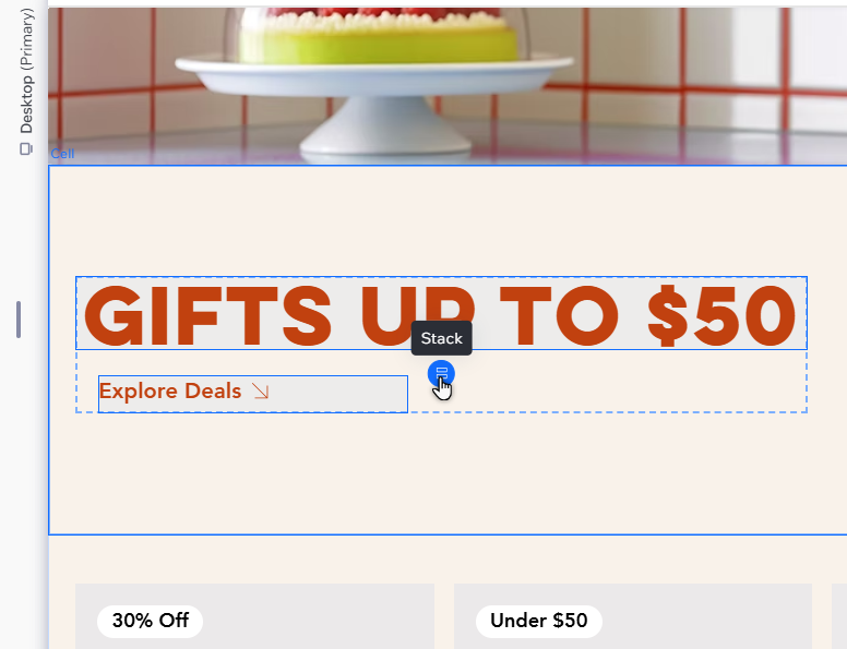 Il mouse si trova sull'icona della pila verticale, visualizzando in anteprima una pila di due elementi di testo