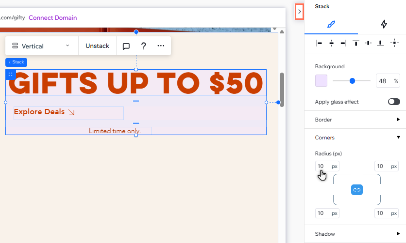 Screenshot del pannello Ispezione con le opzioni di design disponibili per una pila selezionata nell'area di lavoro