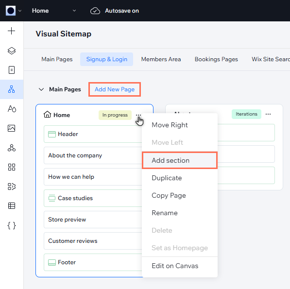 A cropped view of the visual sitemap, showing the options to add a page and a section.