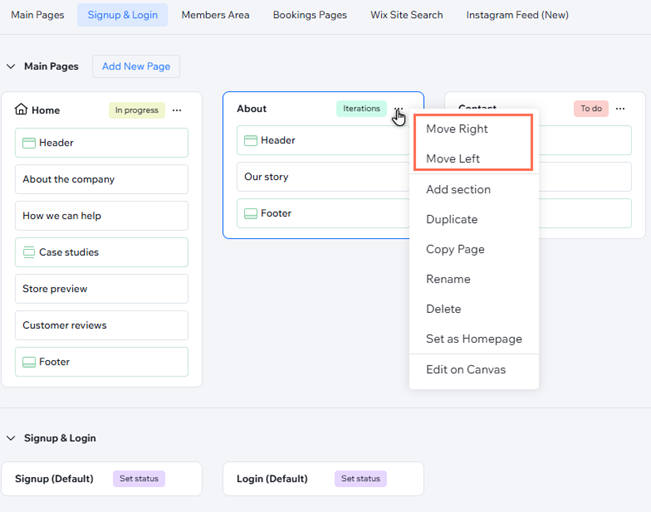 A cropped view the visual sitemap, clicking the icon next to a page and highlighting the move right and left options.