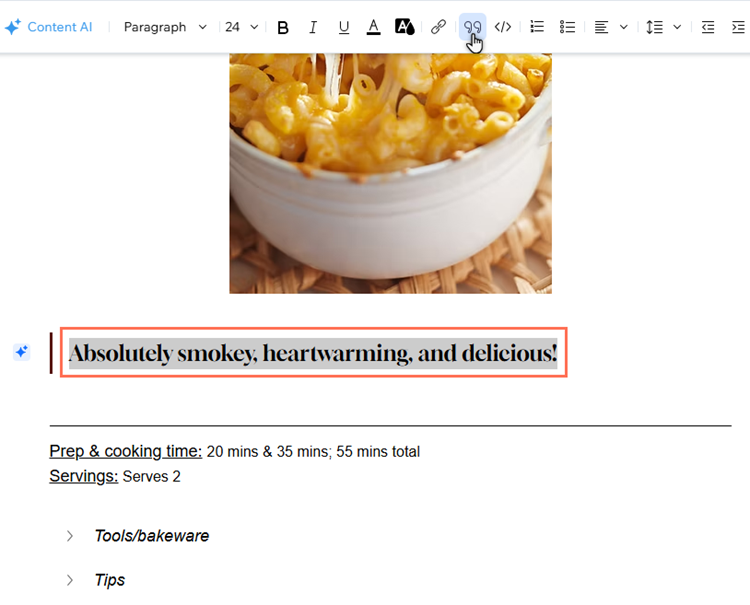 The cursor is clicking the quote icon, and the relevant text is highlighted.
