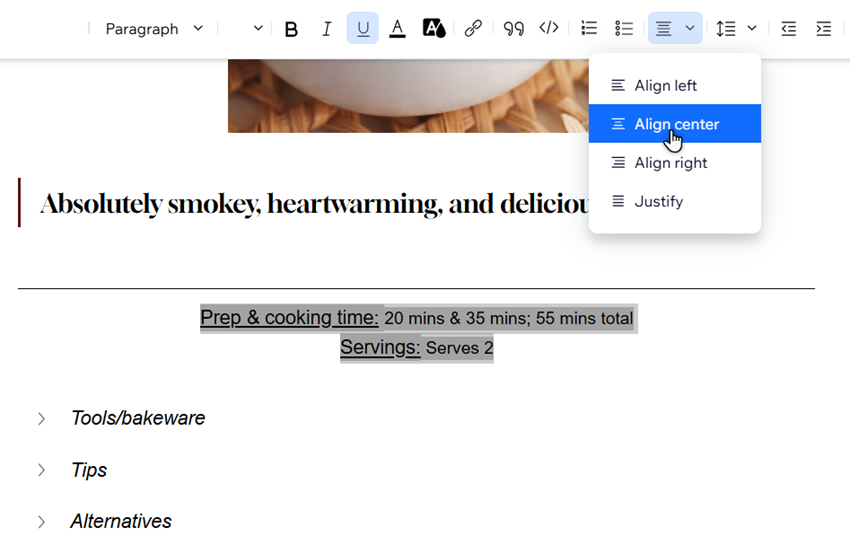 The alignment drop-down is open. Text has been highlighted in the composer, and the cursor is clicking the center option.