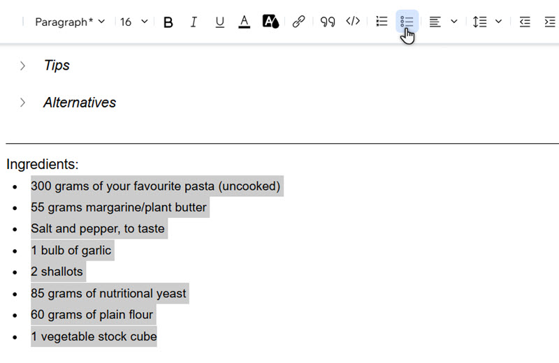Text is highlighted in the composer. The cursor is clicking the bulleted list icon.