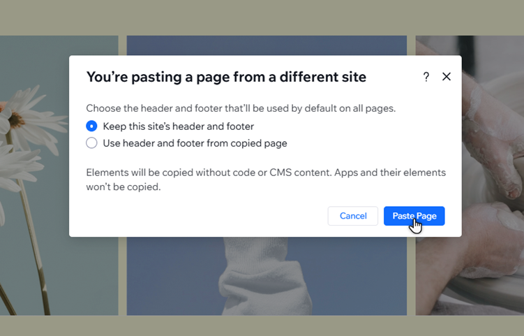 The page paste modal in a studio editor site. The cursor has chosen the header/footer, and is clicking paste page.